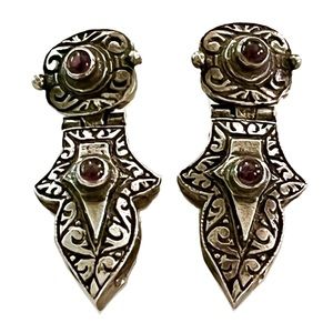 BOGO > Vintage 925 Silver Garnet stones,ornate drop earrings,post back